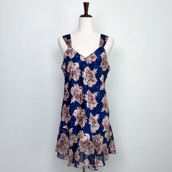Vintage J.O. Intimates Blue Chiffon/Satin Floral Lingerie Slip - Picture 1 of 9